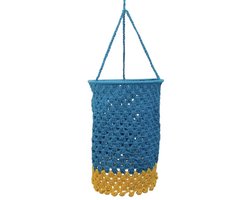 Leena-Leena duurzame lampion - turquoise/geel - bio katoen - 15ø cm x L 22 cm + ophanglus - hand gehaakt in Nepal - bohémien lamp - boho lamp - kinderkamer - kamerdecoratie - hanging basket - moederdag