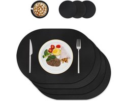 Leer afwasbare placemats en onderzetters - tafeldecoratie voor keuken en eettafel - set van 4 ovaal zwart