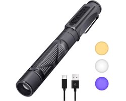 Leerlinglamp, oplaadbaar, USB-interface, driekleurig lampje, draagbare LED-zaklamp in de vorm van een pen, met clip.