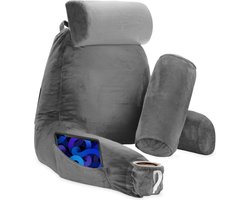 Leeskussen voor in bed - Goede houding in bed - Met 3 opbergvakken - Rugkussen voor onderrug - Bookseat voor bank - Grijs - Soft & Silky