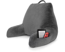 Leeskussen - Voor in bed - Met 3 opbergvakken - Rugkussen bank - zitkussen - Lende - Rug kussen onderrug - Lees - Kussens - Knuffel - Steun - Boeken - book - Seat - Grijs