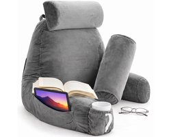 Leeskussen voor in bed - Met 4 opbergvakken - Rugkussen voor onderrug - Bookseat voor bank - Grijs - Soft & Silky