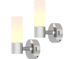 Leeslamp 12V Dimbare LED Wandlamp Nachtkastje Draaibaar - USB Oplader - Frosted Acryl Lampenkap - Camper Boot Caravan Van - DC 12-24V - Hardwired Chrome - Set van 2