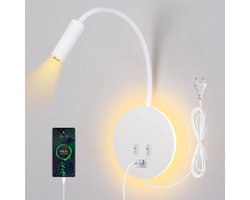 leeslamp bed, 3W+8W bedlamp met schakelaar en USB opladen, LED wandlamp leeslamp 360° draaibare zwanenhals met stekker en kabel voor slaapkamer, wit