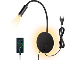 leeslamp bed, 3W+8W bedlamp met schakelaar en USB opladen, LED wandlamp leeslamp 360° draaibare zwanenhals met stekker en kabel voor slaapkamer, zwart