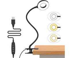Leeslamp met 23 leds en USB-oplader, lamp met klem, 3 kleuren en 10 lichtsterktes, 40 cm, blokkeert 99,99% van het blauwe licht, bureaulamp met klem voor boeken, werk, bed en tafel