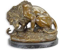 Leeuw en Slang - Bronzen Beeld - Leeuwen Beelden - Brons Sculptuur - Kunst Decoratie - 29x19x24