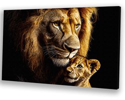 Leeuw en welp - Leeuwen canvas kunst - Dieren - Woonkamer schilderijen - Wanddecoratie slaapkamer - Binnenhuis - Decoratie - Kunst - Canvas schilderij 45x30 cm