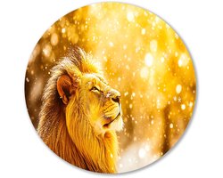 Leeuw in gouden sneeuwlicht - Leeuw muurcirkels - Wandbord dieren - Hyperrealisme - Wandcirkels interieur - Woondecoratie - Muurcirkel aluminium 70x70 cm