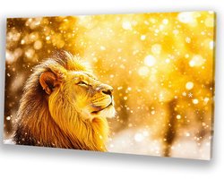 Leeuw in gouden sneeuwlicht - Leeuw portret - Kunstwerk dieren - Hyperrealisme - Binnenhuisdecoratie - Slaapkamer muurdecoratie - Canvas 60x40 cm