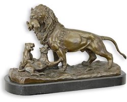 Leeuw met Welpen - Bronzen Beeld - Kunst Sculptuur - Brons Decoratie - Interieur Kunstwerk - 40x18x28