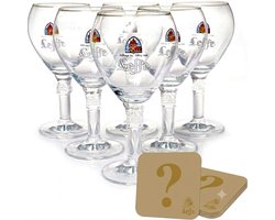 Leffe Bierglazen 250 ml - Set van 6 - Officiële kelkglazen voor speciaalbier - Ideaal voor proeverijen - Vaatwasserbestendig - Glas - Hoogte 195 mm, Diameter 80 mm - Glaswerk - Bierglazen - met GRATIS 6 diverse Leffe onderzetters