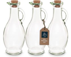 Lege glazen fles/oliefles om te vullen, 250 ml karaf met kurk, voor olie, azijn, wijn, likeuren bij maaltijd of room en melk voor koffie, 3 stuks