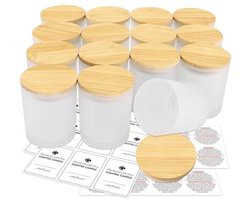 Lege kaarsenpotten 7 oz - Glazen matte potten met bamboe deksels en kleverige labels, set van 15 stuks