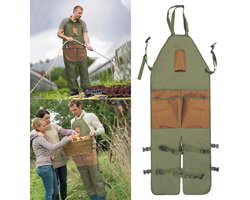 Legergroene en bruine tuinbroeken met zakken, tuinbroeken met meerdere zakken voor buiten, plukbroeken, vuilafstotende broeken.