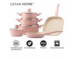 LEIAN HOME ® Forged Pannenset - 10 delig - Met glazen deksels - Alle warmtebronnen - Marmeren antiaanbaklaag - PFAS-vrij - Inductie - Roze