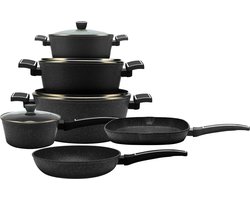 LEIAN HOME ® Pannenset - Forged Pannenset - 10 delig - Met glazen deksels- Alle warmtebronnen - Antiaanbaklaag - PFAS-vrij - Marmeren coating - Inductie - zwart