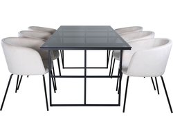 Leif eethoek eetkamertafel rokerig glas en 6 Berit eetkamerstal velours beige.