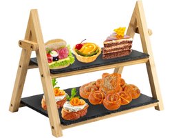 Leisteen Etagère Met 2 Lagen – Opvouwbare Serveerstandaard Voor Taart, Dessert En Sushi – Ronde Rustieke Serveerschaal Van Leisteen – Antipasti Etagère 32x41cm