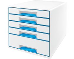 Leitz WOW Cube Ladenblok Met 5 Laden - Opberger met Vakken - Voor Kantoor En Thuiswerken - Ideaal Voor Thuiskantoor - Wit/Blauw