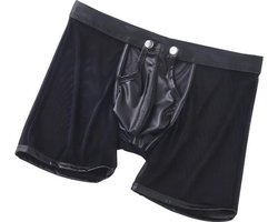 LekkerStout Heren Boxershort Met lange Pijpen - PU Leder & Mesh - Open Kruis - Rekbaar - Snel Droog | ( M ) ( LS067 )