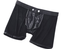LekkerStout Heren Boxershort Met lange Pijpen - PU Leder & Mesh - Open Kruis - Rekbaar - Snel Droog | ( XL ) | ( LS067 )