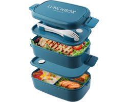 Lekvrije Bento Lunchbox 1400 ml 4 Vakken met Bestek - Magnetron & Vaatwasserbestendig