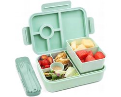 Lekvrije Lunchbox met 5+2 Vakken, Geïsoleerde Bento Box met Bestek, Geschikt voor Magnetron en Vaatwasser, Groen, 1300 ml Capaciteit - Ideaal voor Werk, School en Picknick