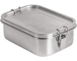 Lekvrije roestvrijstalen broodtrommel als innovatieve set. BPA- en plasticvrije lunchbox met scheidingswand, snijplank en natuurlijke katoenen zak. Voor kinderen en volwassenen. (800 ml)