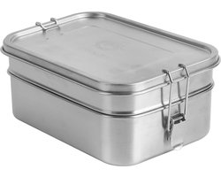 Lekvrije roestvrijstalen broodtrommel als innovatieve set. BPA- en plasticvrije lunchbox zonder scheidingswand, snijplank en natuurlijke katoenen zak. Voor kinderen en volwassenen. (2000 ml)