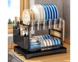 Lemlit Afdruiprek 2-Laags - 42x29x29 cm - Vaatrek en Afwasrek met Draaibare Waterafvoer en Bestekhouder voor Keuken - Zwart