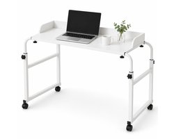 Lemlit Bedtafel op Wielen - laptoptafel - Overbedtafel 120 x 40 cm met Opstaande Rand - Hoogte Verstelbaar 65-95 cm - Voor Bedden tot 200 cm - Wit