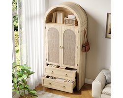 Lemlit Boogkast - Hoge Opbergkast, Buffetkast en Woonkamerkast met Rotanlook Deuren, 2 Lades en Zijhaken - 80x40x180 cm - Eikenkleur