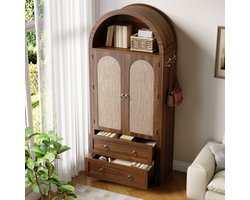 Lemlit Boogkast - Hoge Opbergkast, Buffetkast en Woonkamerkast met Rotanlook Deuren, 2 Lades en Zijhaken - 80x40x180 cm - Walnootkleur