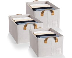 Lemlit Grote opbergmanden - Opvouwbare stoffen opbergboxen - Kledingkast organizer met handvatten - 28x47x20cm - 3 stuks beige
