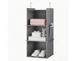 Lemlit Hangkast Organizer 3 Vakken - 30x30x59,9 cm - Hangende Kledingkast Opberger met Metalen Haken en Zijvak - Grijs