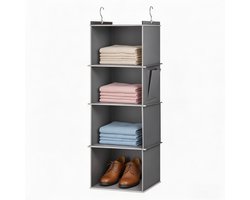 Lemlit Hangkast Organizer 4 Vakken - 30x30x80 cm - Hangende Kledingkast Opberger met Metalen Haken en Zijvak - Grijs