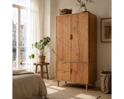 Lemlit Kledingkast - Garderobekast met 3 Deuren, 2 Lades en Kledingroede, Opbergkast met 3D Geribbelde Fronten en Gouden Grepen, 80x50x177 cm - Eiken