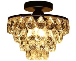 Lemlit Kristallen Plafondlamp 25 cm - Kleine Zwarte Plafonnière met Hangende Kristallen - Opbouw Kroonluchter voor Hal Slaapkamer Woonkamer en Gang - Zonder Lichtbron