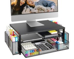 Lemlit Monitorstandaard - Beeldschermverhoger en Bureau Organizer met Lade en 2 Pennenhouders - Metaal 49,5x19,5x9 cm - Zwart