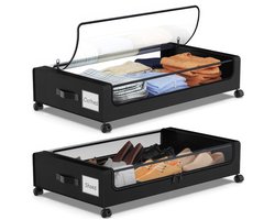 Lemlit Onderbed Opbergboxen 2 Stuks 80 x 43,5 x 16 cm - Onderbed Organizer met Wielen en PVC Deksel - Bedbox voor Kleding Schoenen Dekens en Beddengoed - Zwart