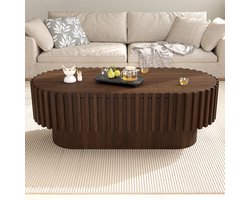 Lemlit Ovale Salontafel 100x50 cm - Moderne Koffietafel met Lade, Verticale Lamellen Look, Houten Design voor Woonkamer - Walnoot