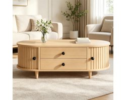 Lemlit ovale salontafel 100x50x36 cm met 2 lades 2 roldeuren en opbergruimte - naturel houtlook