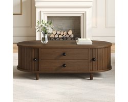 Lemlit ovale salontafel 100x50x36 cm met 2 lades en 2 roldeuren en opbergruimte - walnootlook