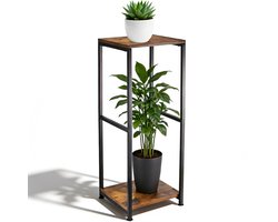 Lemlit Plantenstandaard 2 Niveaus 30 x 30 x 81 cm - Plantenrek met Houtlook Planken en Metalen Frame - Bloemenstandaard voor Woonkamer Balkon Tuin en Hal - Rustiek Bruin Zwart