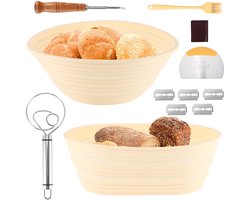 Lemlit Siliconen Rijsmand Set - 23,5 cm Rond en 25,5 cm Ovaal - Zuurdesem Broodbakset met Deegschraper Bakkersmes en Kwast - Geel​