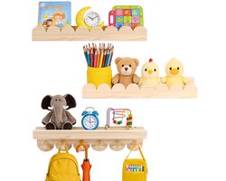 Lemlit Wandplank Kinderkamer 3-Delige Set - 40 cm - Massief Houten Wandrek met 6 Haken - Boekenplank voor Boeken Speelgoed en Decoratie - Naturel