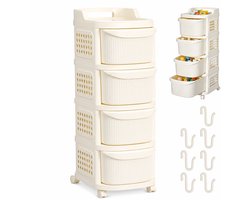 Lemonbest Rollende Ladekast Met 4 Lades - 38 x 30 x 86 cm - Opbergwagen Met 7 Haken En Wielen Voor Badkamer Keuken Kantoor - Crème Wit