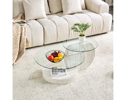Lemonbest Ronde Salontafel 70 en 50 cm - Tweelaagse Koffietafel van Veiligheidsglas - MDF Onderstel met Marmerlook - Transparant
