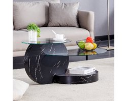 Lemonbest Ronde salontafel 90 x 70 x 44 cm - Tweelaagse koffietafel van gehard glas - MDF onderstel met zwarte textuurlook - Transparant Zwart